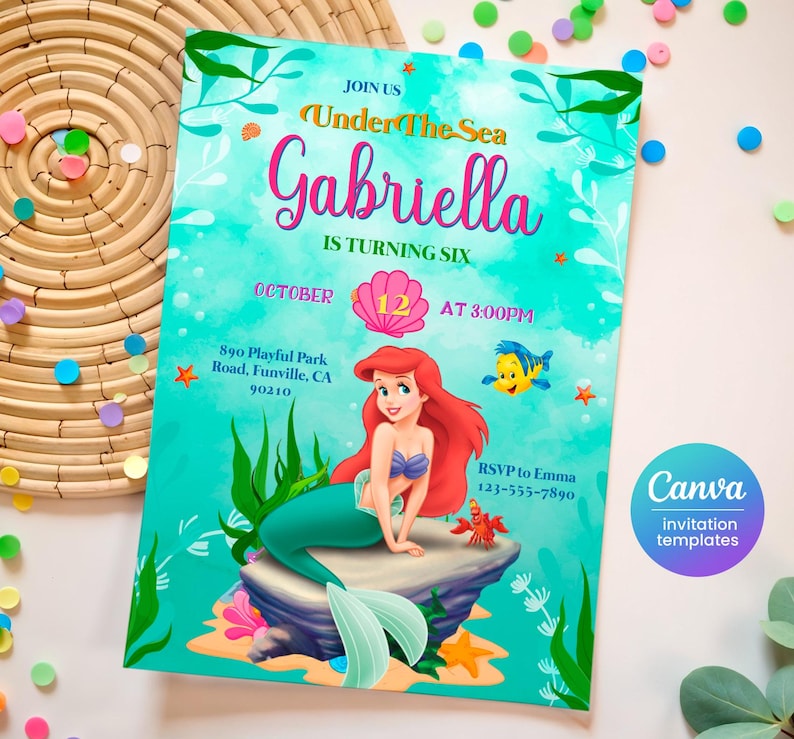 May include: A birthday invitation featuring Ariel the mermaid from Disney's The Little Mermaid. The invitation is for a girl named Gabriella who is turning six. The invitation is decorated with a blue and green watercolor background and features a seashell with the number 12 on it. The invitation includes the date, time, and location of the party. The text on the invitation reads "Join us Under The Sea Gabriella is turning six October 12 at 3:00PM 890 Playful Park Road, Funville, CA 90210 RSVP to Emma 123-555-7890".