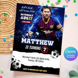 Messi invitation, Soccer invite, Champions League birthday invitation template, FIFA Printable editable invite, sports ball football party