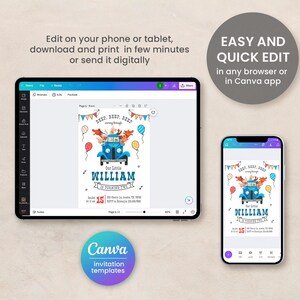 May include: A blue and white birthday invitation with a cartoon illustration of a blue car with animals on top. The text on the invitation reads "Beep, Beep, Beep, coming through! Our Little William is turning two!" and "Save the Date: Saturday, 15th, 2023, 2:00 PM, 200 Cherry Ln, Austin, TX 78702, RSVP to: [email protected]"