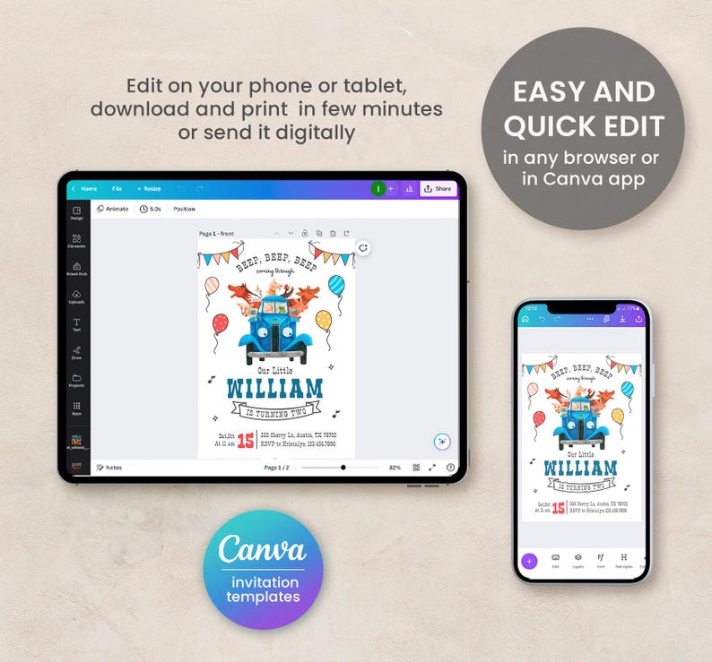 May include: A blue and white birthday invitation with a cartoon illustration of a blue car with animals on top. The text on the invitation reads "Beep, Beep, Beep, coming through! Our Little William is turning two!" and "Save the Date: Saturday, 15th, 2023, 2:00 PM, 200 Cherry Ln, Austin, TX 78702, RSVP to: [email protected]"