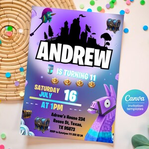 May include: A purple and blue Fortnite-themed birthday invitation for Andrew's 11th birthday party. The invitation features a llama, a castle, and a chest. The party is on Saturday, July 16th at 1 PM at Andrew's house. RSVP to Katelynn at 111-222-3334.