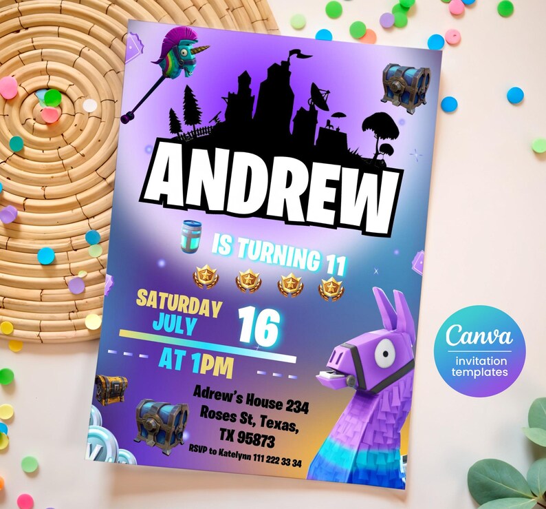 May include: A purple and blue Fortnite-themed birthday invitation for Andrew's 11th birthday party. The invitation features a llama, a castle, and a chest. The party is on Saturday, July 16th at 1 PM at Andrew's house. RSVP to Katelynn at 111-222-3334.