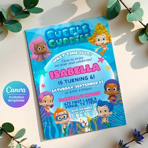 May include: A blue and green invitation for a Bubble Guppies themed birthday party. The invitation features the Bubble Guppies characters and the text "What time is it? Time to swim on over and celebrate! Isabella is turning 6! Saturday, September 23 at 2:00-4:00pm Isabella's House 675 First Lane A Venue, TX 77890 RSVP to Emma 234/367/8901"