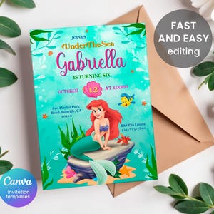 May include: A printable invitation for a child's birthday party. The invitation features a mermaid with a pink shell and the text "Join us Under The Sea Gabriella is turning six October 12 at 3:00PM 890 Playful Park Road, Funville, CA 90210 RSVP to Emma 123-555-7890".