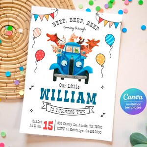May include: A blue truck with a variety of farm animals on the back. The truck has a white cab with black accents. The truck is driving through a banner that says "BEEP, BEEP, BEEP coming through". The invitation is for a birthday party for a child named William who is turning two. The invitation includes the date, time, and location of the party. It also includes an RSVP number.