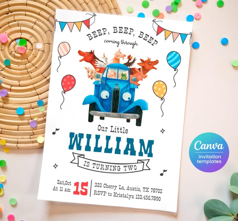 May include: A blue truck with a variety of farm animals on the back. The truck has a white cab with black accents. The truck is driving through a banner that says "BEEP, BEEP, BEEP coming through". The invitation is for a birthday party for a child named William who is turning two. The invitation includes the date, time, and location of the party. It also includes an RSVP number.