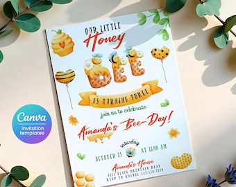 Printable First Bee Day birthday invitation, 1st Bee-Day party invite, editable Honey Bee party, Bumble Bee invite, One birthday invite girl
