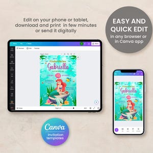 May include: A digital invitation template for a little girl's birthday party. The invitation features a mermaid with red hair and a pink tail sitting on a rock. The text on the invitation says "Join us Under the Sea Gabriella is turning six".