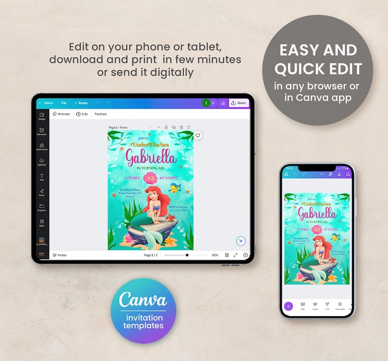 May include: A digital invitation template for a little girl's birthday party. The invitation features a mermaid with red hair and a pink tail sitting on a rock. The text on the invitation says "Join us Under the Sea Gabriella is turning six".
