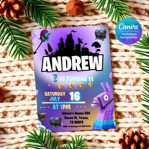 May include: A purple and blue Fortnite-themed birthday invitation for Andrew's 11th birthday party. The invitation features a llama, a chest, and a pickaxe. The party is on Saturday, July 16th at 1 PM at Andrew's House 234, Roses St, Texas, TX 95873. RSVP to Katelynn 111 222 33 34.