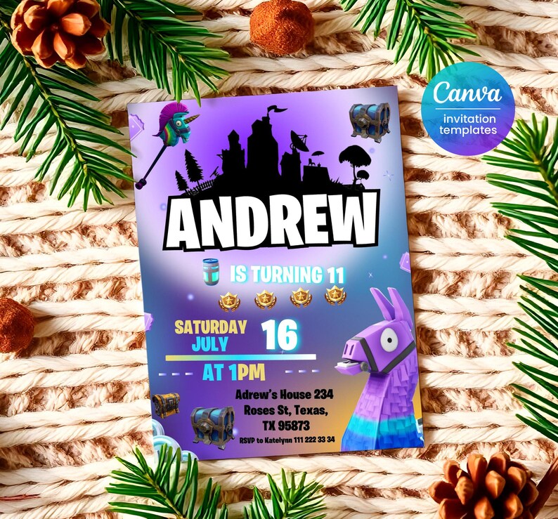 May include: A purple and blue Fortnite-themed birthday invitation for Andrew's 11th birthday party. The invitation features a llama, a chest, and a pickaxe. The party is on Saturday, July 16th at 1 PM at Andrew's House 234, Roses St, Texas, TX 95873. RSVP to Katelynn 111 222 33 34.