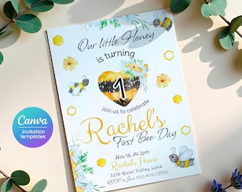 Printable First Bee Day birthday invitation, 1st Bee-Day party invite, editable Honey Bee party, Bumble Bee invite, One birthday invite girl