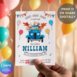 May include: A blue truck with a variety of farm animals on the back. The truck has a white cab and a blue bed. The animals include a pig, a cow, a sheep, a frog, and a horse. The truck is driving on a white background. The text "BEEP, BEEP, BEEP coming through" is above the truck. The text "Our Little WILLIAM IS TURNING TWO" is below the truck. The text "Sat, Oct 15 At 11 am 333 Ch RSVI Austin, TX 78702 123.456.7890" is at the bottom of the image.