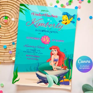 Princess Ariel birthday invitation, girl editable invite template, Little Mermaid printable invitation, Under Sea party, instant download