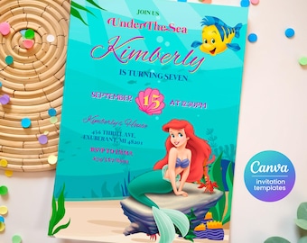 Princess Ariel birthday invitation, girl editable invite template, Little Mermaid printable invitation, Under Sea party, instant download