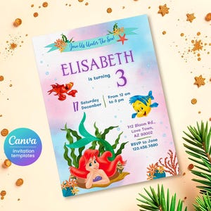 Princess Ariel birthday invitation, girl editable invite template, Little Mermaid printable invitation, Under Sea party, instant download
