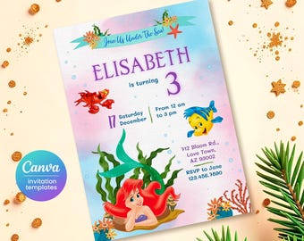 Princess Ariel birthday invitation, girl editable invite template, Little Mermaid printable invitation, Under Sea party, instant download