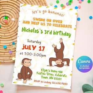 Curious George birthday invitation, Printable monkey invite, ape invite, Curious George party, boy 1st 2nd 3rd birthday, editable template