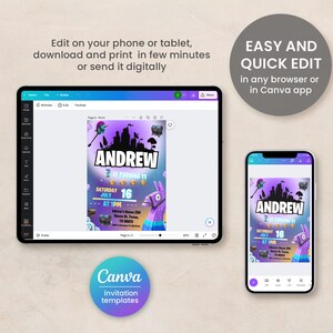 May include: Editable Fortnite birthday invitation template featuring a purple and blue background with a llama and a castle. The text "ANDREW IS TURNING 11" is displayed in a white box with a black border. The invitation includes the date, time, and location of the party. The text "EASY AND QUICK EDIT" is displayed in a white box with a black border. The text "in any browser or in Canva app" is displayed in a white box with a black border.
