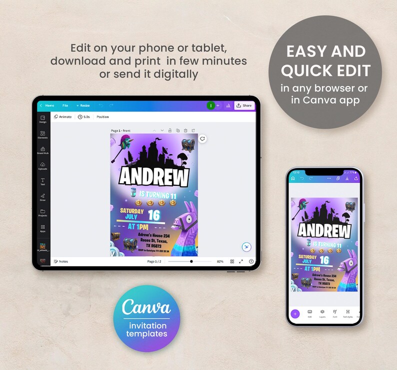 May include: Editable Fortnite birthday invitation template featuring a purple and blue background with a llama and a castle. The text "ANDREW IS TURNING 11" is displayed in a white box with a black border. The invitation includes the date, time, and location of the party. The text "EASY AND QUICK EDIT" is displayed in a white box with a black border. The text "in any browser or in Canva app" is displayed in a white box with a black border.