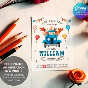 May include: A blue truck with a white cab and a red, white, and blue flag on the back. The truck is filled with animals, including a cow, a pig, a sheep, a frog, and a rooster. The truck is driving on a road with a blue sky and white clouds in the background. The text "BEEP, BEEP, BEEP coming through" is written above the truck. The text "Our Little WILLIAM IS TURNING TWO" is written below the truck. The text "Sat Oct 15 At 11 am 333 Cherry Ln, Austin, TX 78702 RSVP to Kristalyn 123.456.7890" is written below the truck.