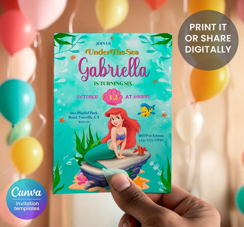 May include: A printable invitation for a child's birthday party. The invitation features a mermaid with red hair and a pink and purple text that says "Join us Under The Sea Gabriella is turning six" with a date and time. The invitation has a blue and green background with a seashell and a starfish.