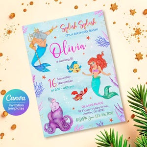 Princess Ariel birthday invitation, girl editable invite template, Little Mermaid printable invitation, Under Sea party, instant download