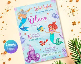 Princess Ariel birthday invitation, girl editable invite template, Little Mermaid printable invitation, Under Sea party, instant download