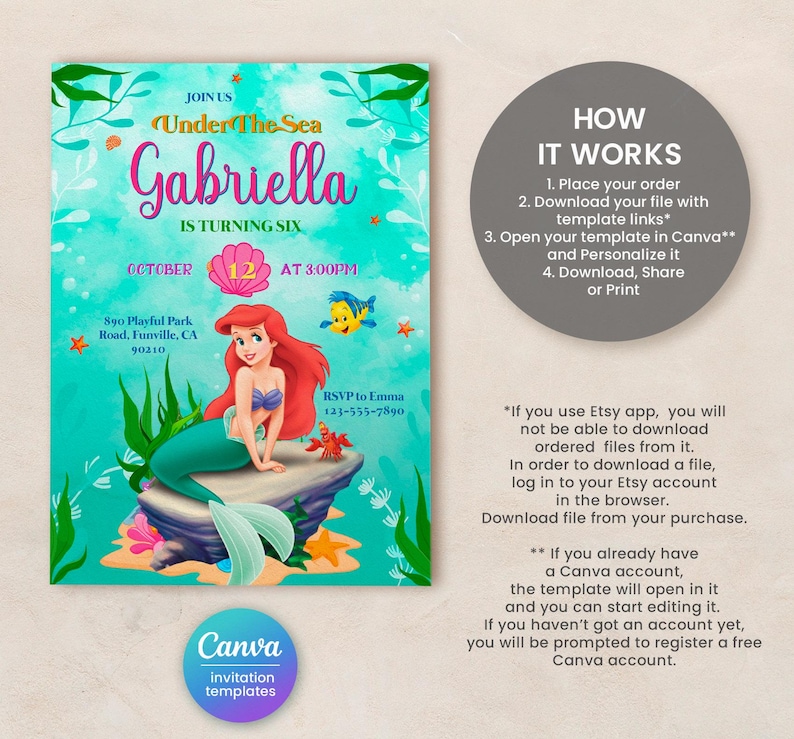 May include: Printable invitation template for a child's birthday party. The invitation features a cartoon image of Ariel, the Little Mermaid, with the text "Join us Under the Sea Gabriella is turning six" and "October 12 at 3:00 PM".