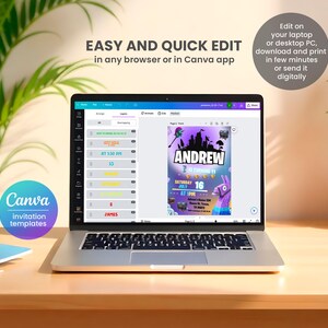 May include: A laptop computer screen displaying a Canva design template for a Fortnite birthday party invitation. The template features a purple and blue background with a cartoon image of a llama and a character from the video game Fortnite. The text on the invitation reads "Andrew is turning 11" and "Saturday July 16 at 1 PM".