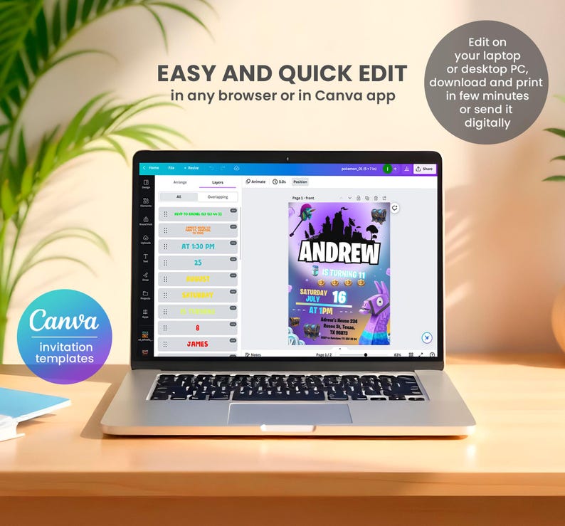 May include: A laptop computer screen displaying a Canva design template for a Fortnite birthday party invitation. The template features a purple and blue background with a cartoon image of a llama and a character from the video game Fortnite. The text on the invitation reads "Andrew is turning 11" and "Saturday July 16 at 1 PM".