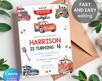 Cars invitation, Lightning Mcqueen invite, Printable Birthday Party Invitation, NFS racing invitation template, 4th birthday boy