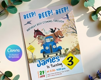 Farm Animals Birthday Invitation, Blue Truck invitation, Oink Moo Baa invite, Little Blue, Barnyard animals party invite template, 1st, 2nd