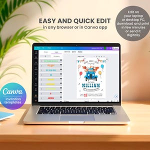May include: A laptop screen displaying a Canva invitation template for a baby boy's birthday party. The template features a blue truck with animals and the text "Our Little William is turning one!"