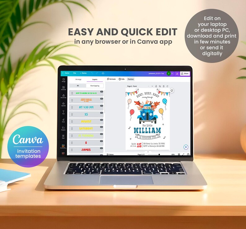 May include: A laptop screen displaying a Canva invitation template for a baby boy's birthday party. The template features a blue truck with animals and the text "Our Little William is turning one!"