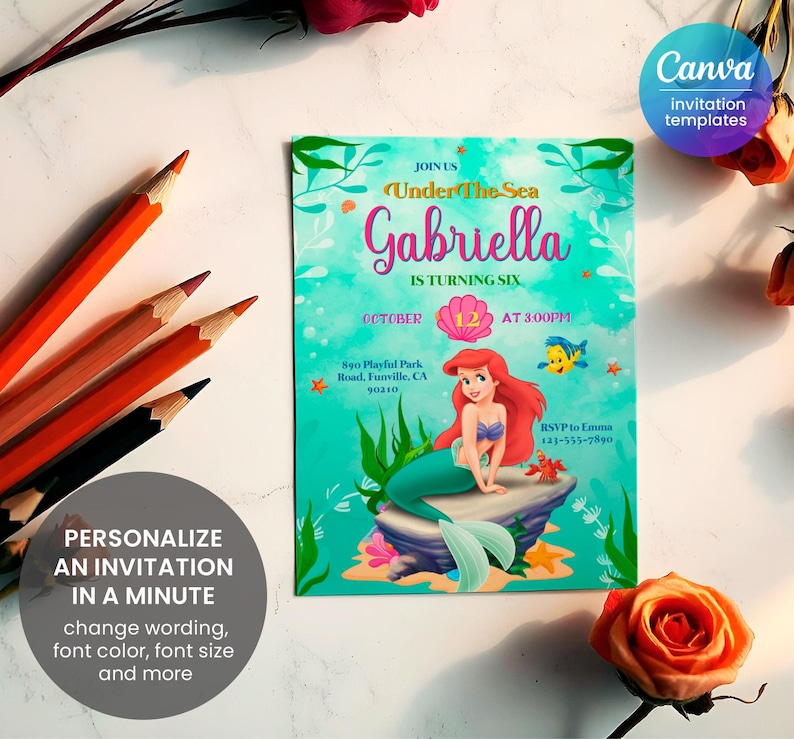 May include: An invitation to a "Under The Sea" themed birthday party for Gabriella, who is turning six. The invitation features a cartoon image of Ariel, the Little Mermaid, sitting on a rock with a seashell crown. The invitation includes the date, time, and location of the party. RSVP information is also included.