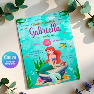 Invitation d'anniversaire de la princesse Ariel, modèle d'invitation modifiable pour fille, invitation imprimable de la petite sirène, fête sous la mer, téléchargement immédiat