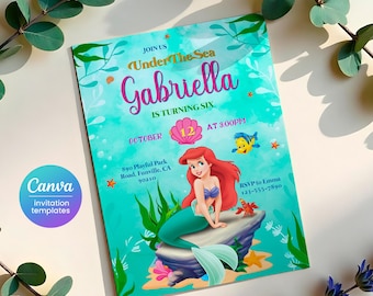 Princess Ariel birthday invitation, girl editable invite template, Little Mermaid printable invitation, Under Sea party, instant download