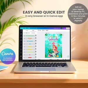 May include: A laptop computer screen displaying a Canva invitation template for a "Under the Sea" themed birthday party. The template features a cartoon mermaid with a pink tail and a crown. The text on the template reads "Under the Sea Gabriella" and "In Turning 6". The text "Easy and Quick Edit in any browser or in Canva app" is displayed above the laptop screen.