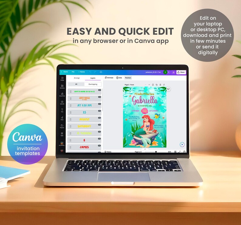 May include: A laptop computer screen displaying a Canva invitation template for a "Under the Sea" themed birthday party. The template features a cartoon mermaid with a pink tail and a crown. The text on the template reads "Under the Sea Gabriella" and "In Turning 6". The text "Easy and Quick Edit in any browser or in Canva app" is displayed above the laptop screen.