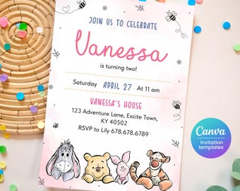 May include: A Winnie the Pooh themed birthday party invitation with a pink and yellow watercolor background. The invitation says "Join us to celebrate Vanessa is turning two!" with the date and time of the party. The invitation also includes the address and RSVP information. The invitation features illustrations of Winnie the Pooh, Piglet, Eeyore, and Tigger.