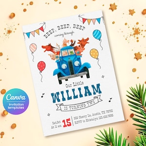 May include: A blue truck with a smiling face is filled with farm animals. The truck is surrounded by colorful balloons and flags. The text "BEEP, BEEP, BEEP coming through" is at the top of the invitation. The text "Our Little WILLIAM IS TURNING TWO" is in the center of the invitation. The text "Sat Oct 15 At 11 am 333 Cherry Ln, Austin, TX 78702 RSVP to Kristalyn 123.456.7890" is at the bottom of the invitation.