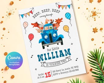 Farm Animals Birthday Invitation, Blue Truck invitation, Oink Moo Baa invite, Little Blue, Barnyard animals party invite template, 1st, 2nd