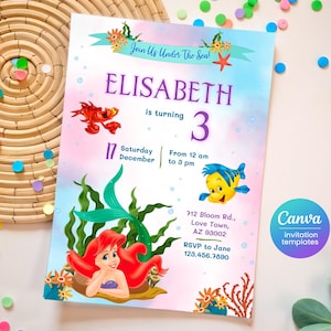 Princess Ariel birthday invitation, girl editable invite template, Little Mermaid printable invitation, Under Sea party, instant download