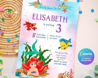 Princess Ariel birthday invitation, girl editable invite template, Little Mermaid printable invitation, Under Sea party, instant download