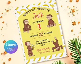 Curious George Geburtstagseinladung, Affeneinladung, Curious George Party, Junge 1.2.3