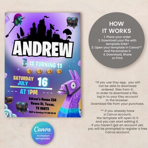 May include: Purple and blue Fortnite-themed birthday invitation for Andrew's 11th birthday party. The invitation features a llama, a chest, and a castle. The party is on Saturday, July 16th at 1 PM at Adrew's House 234, Roses St, Texas, TX 95873. RSVP to Katelynn 111 222 33 34.