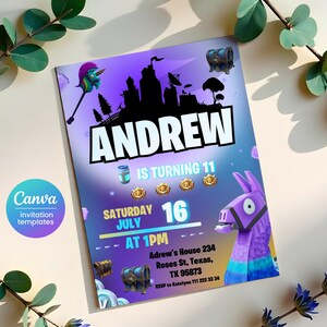 May include: Purple and blue Fortnite-themed birthday invitation for Andrew's 11th birthday party. The invitation features a llama, a chest, and a castle. The text reads "Andrew is turning 11, Saturday July 16 at 1 PM, Adrew's House 234, Roses St, Texas, TX 95873, RSVP to Katelynn 111 222 33 34".