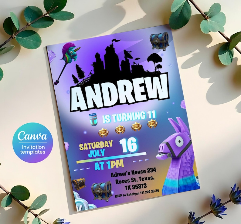 May include: Purple and blue Fortnite-themed birthday invitation for Andrew's 11th birthday party. The invitation features a llama, a chest, and a castle. The text reads "Andrew is turning 11, Saturday July 16 at 1 PM, Adrew's House 234, Roses St, Texas, TX 95873, RSVP to Katelynn 111 222 33 34".