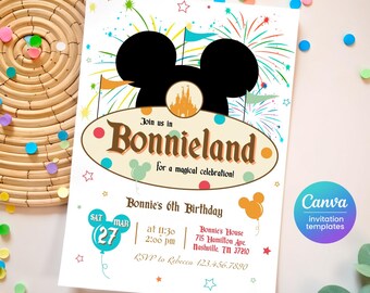 May include: A colorful invitation for a child's birthday party. The invitation features a cartoon Mickey Mouse head with fireworks and a castle in the background. The text on the invitation reads "Join us in Bonnieland for a magical celebration!" and "Bonnie's 6th Birthday".